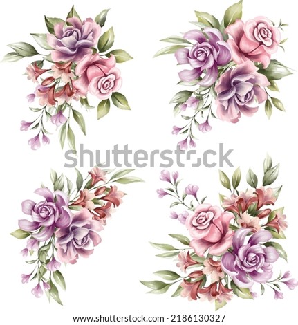 Set of watercolor floral arrangements with red and purple flowers