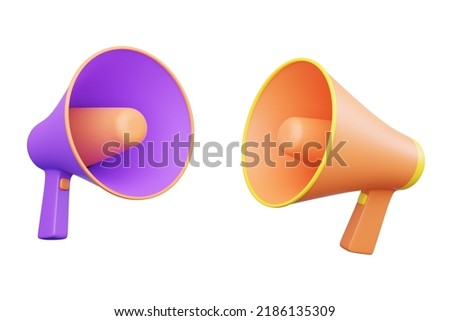 cartoon yellow, purple megaphone speaker or horn speaker Modern megaphone speaker or announcing, communicating, broadcasting, isolated on white background 3D rendering - clipping path