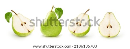 Green pear with pear leaf and half of pear isolated on white background. Royalty-Free Stock Photo #2186135703