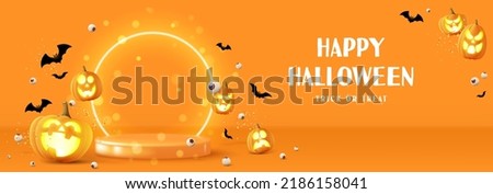 Happy Halloween festive banner. Orange festive banner with 3d spooky glowing pumpkins, podium, neon circle, candy eyes and paper bats. Vector illustration. Happy Halloween holiday banner.