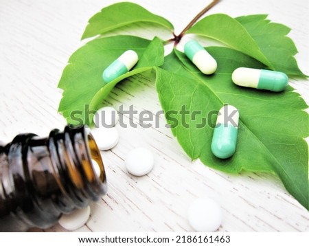                Medicine plant. Herbal pills with healthy medicinal plant. Green leaf, alternative medicine. Natural pharmaceutical capsule. Vitamin supplement for care, medicine, treatment.           