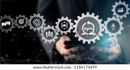 Agile management, the principles of agile software development and lean management to various management processes, product development lifecycle  and project management. Change driven concept. Royalty-Free Stock Photo #2186170699