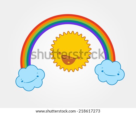 Vector illustration of cute sun, smiling clouds and rainbow. Design for children.