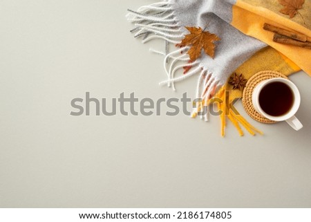 Autumn inspiration concept. Top view photo of plaid scarf cup of tea on rattan serving mat cinnamon sticks anise and yellow maple leaves on isolated grey background with empty space