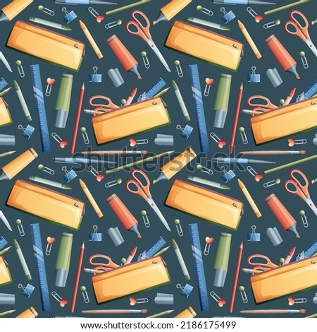 Seamless pattern with pencils, markers, scissors on a dark background. School seamless background. Suitable for paper, wallpaper, textiles, etc.
