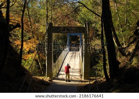 Scenic canyon in autumn and a bridge with Chinese text Wuling Bridge in the picture