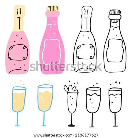 Wine and glasses. Set of flat and outline icons. Vector illustrations on white background.