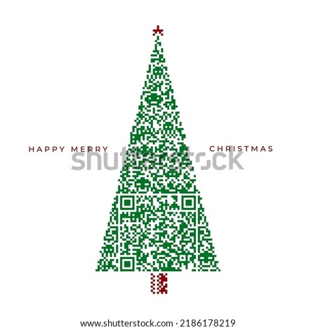 Merry Christmas design with Christmas tree made from scan QR code pattern. Vector illustration