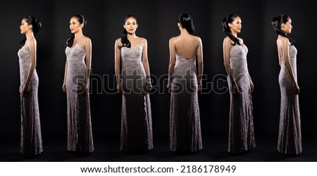 Full length body of Asian beautiful woman wear white evening sequin gown, 360 front side rear back view. Young female stand express feeling happy smile strong over black background isolated Royalty-Free Stock Photo #2186178949