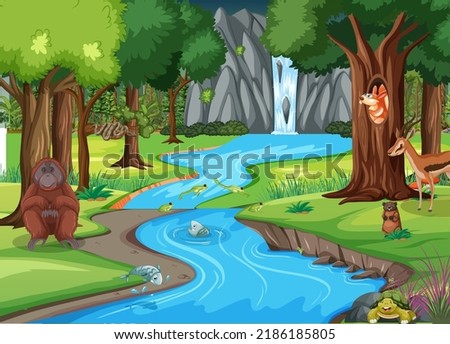 Wild animals cartoon characters in the forest scene illustration