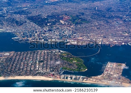 Aerial view of Coronado Bridge and San Diego Downtown and Balboa Park