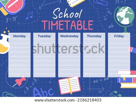 School timetable, weekly classes schedule on blue blackboard background. Vector school timetable with chalk notes on the board, colorful education supplies.