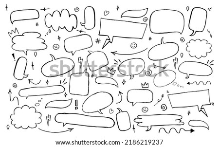Set of hand drawn speech bubbles with arrows and pointers. Vector illustration.