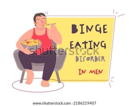 Binge eating disorder in men. Severe, life-threatening, and treatable medical problem. Eating alone, more rapidly than normal. Feeling disgusted with oneself. BED awareness concept. Landscape banner