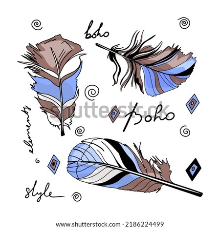 Vector Set boho illustrations. Cozy details in the form of a feather, an inscription, an ornament for a print on clothes, a blank for a designer, wrapping paper