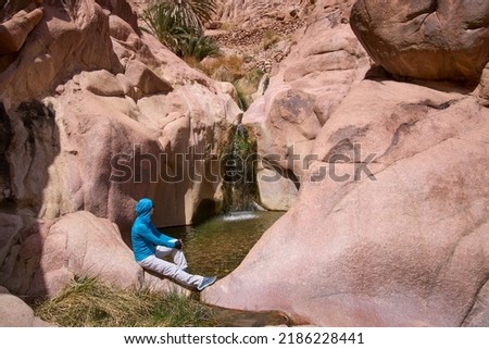 Female tourist resting near a small natural pool, created by spring Kharazet el Shaq, in high mountain region around city Saint Catherine, Sinai. Oasis in the desert. Vacation in Sinai, Egypt. Royalty-Free Stock Photo #2186228441