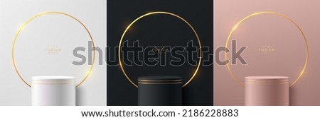 Set of 3D background with stand podium. Black, gold, silver and pink gold with luxury golden circle ring scene. Abstract minimal wall scene for mockup products display. Vector round stage showcase.