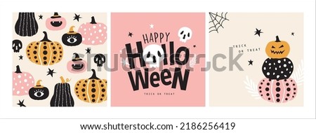 Set of trendy Halloween design with decorative pumpkins and typography