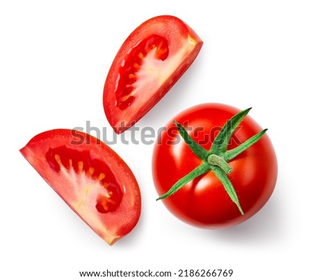 Tomato slice isolated. Tomato whole and slices top view on white background. Set of tomatoes with clipping path. Royalty-Free Stock Photo #2186266769