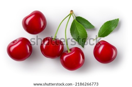 Cherries. Cherry isolated. Cherries top view. Sour cherry with leaves on white background. With clipping path. Royalty-Free Stock Photo #2186266773