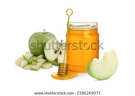 Natural sweet honey and tasty fresh apples on white background