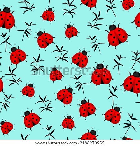 Ladybugs with leaves. Seamless summer pattern
