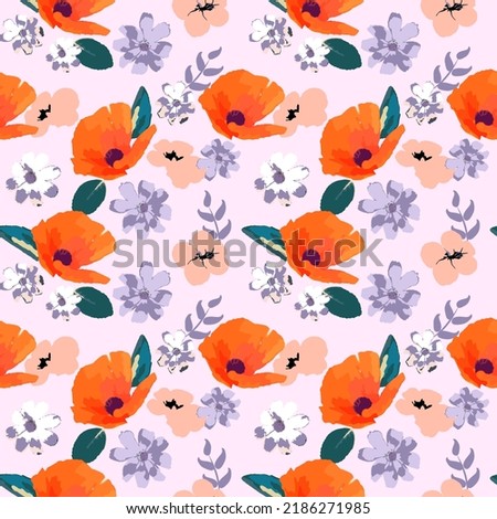 Seamless pattern with bouquets of poppies and chamomiles. Floral background for swimsuit, textile, wallpaper, pattern fills, covers, surface, print, gift wrap. Shabby chic.