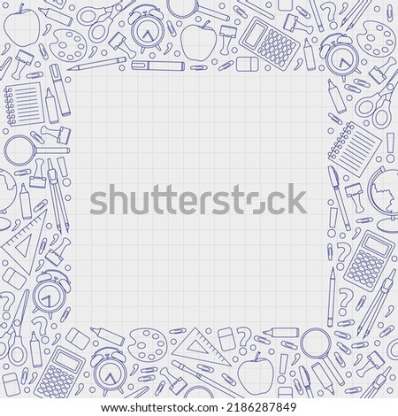 Back to school vector drawing. Internet education online. Background, notebook and contour drawings of elements for study
