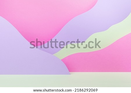 Funny children abstract stage mockup with mountains pastel pink, violet, white color in cartoon style. Colorful showcase template  for advertising, presentation produce, poster, flyer, card, text.