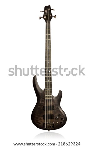 Black matt electric bass guitar front view isolated on white background