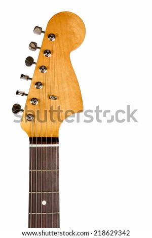 Headstock of the six string classic electric guitar on white background Royalty-Free Stock Photo #218629342
