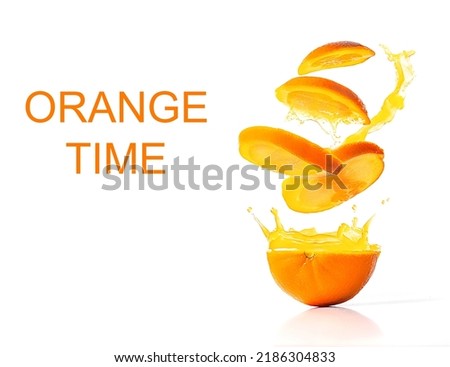 fresh slices of an orange with splashes of orange juice isolated over white background, space for text or promo, healthy breakfast or lifestyle concept. High quality photo