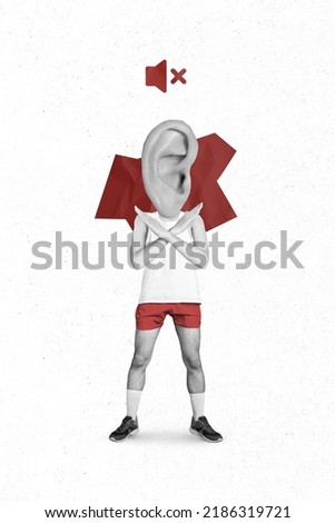 Creative retro 3d magazine image of serious strict sportsman ear instead of head hands crossed isolated painting background