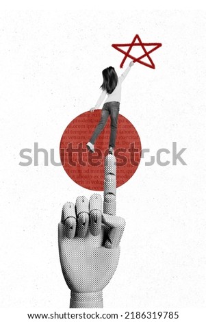 Banner collage of small girl child stand huge finger point draw red star dream wish goal isolated white color background