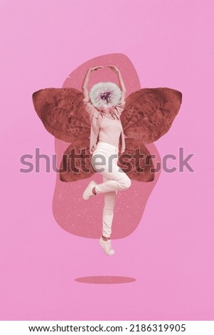 Vertical poster collage of lady butterfly jump plant instead head isolated on painting pink color background