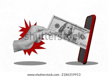 Collage cartoon photo of money payment for subscription put inside phone credit isolated on white color background