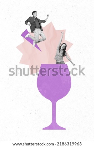 Collage photo vertical of two young student hang out cheap alcohol party discount yeah isolated on white color background