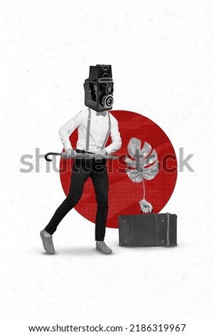 Photo sketch graphics artwork picture of funky guy camera instead of head going vacation isolated drawing background