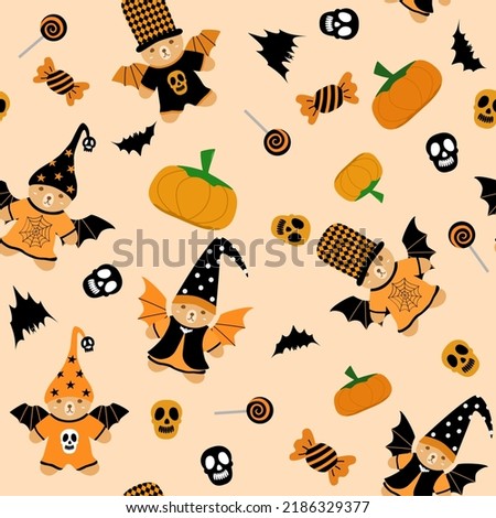 Vector - Abstract seamless pattern of Halloween concept. Teddy bear with wing and hat, bat, skull, candy, lollipop on orange background. Can be use for print, fabric, card, wrapping, backdrop