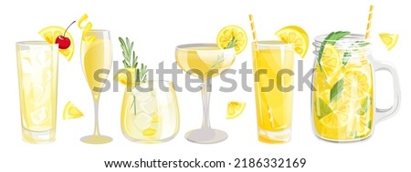A set of cocktails with lemon.Refreshing drinks with lemon slices, rosemary, ice.Summer lemonade in a jar, lemon juice, tom Collins cocktail, French 75, limoncello. Royalty-Free Stock Photo #2186332169