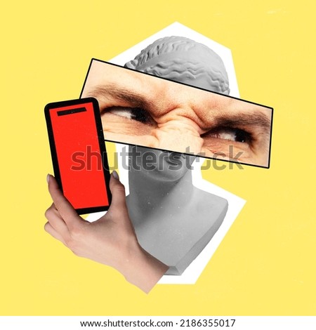 Contemporary art collage. Antique statue bust with male eye element on yellow background. Social media violence. Concept of social problems, psychology, bullying, cyberbullying, abuse. Poster, ad Royalty-Free Stock Photo #2186355017