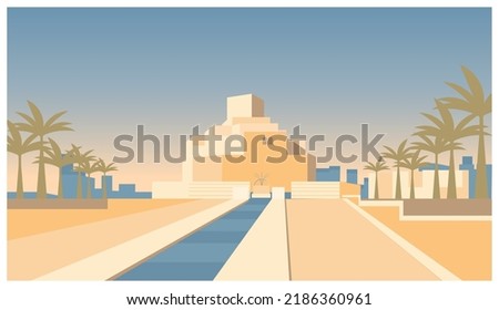 Vector illustration of The Museum of Islamic Art in Doha Qatar  the museum is built on an island off an artificial projecting peninsula near the traditional dhow harbor.Most famous landmark of Qatar. Royalty-Free Stock Photo #2186360961