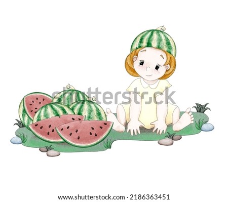 Cute little cartoon girl in a light summer dress and a watermelon hat sits on the grass. There are a lot of ripe and sweet watermelons near to her. Digital illustration in watercolor style