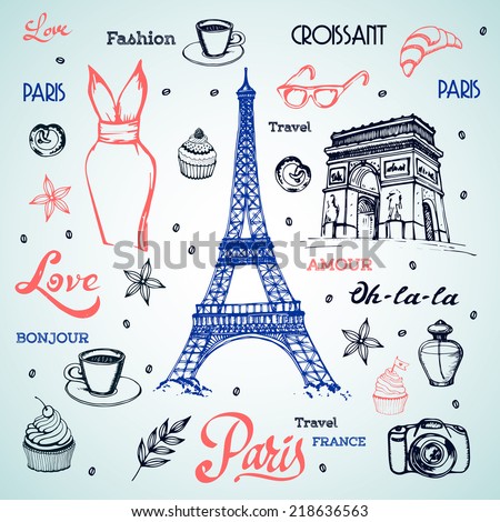 Paris hand drawn illustration with Eiffel tower and other vector symbols. The french word "bonjour" means "good morning", the french word "amour" means "love". 