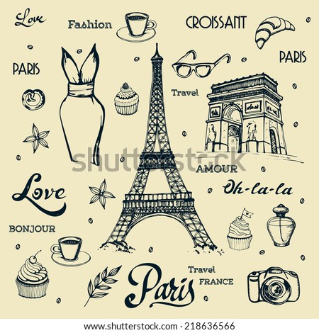 Paris hand drawn illustration with Eiffel tower and other vector symbols. The french word "bonjour" means "good morning", the french word "amour" means "love". 