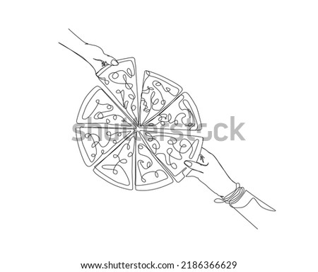 Continuous line drawing of Hands Taking the Slice of Pizza.  Hands Holding Pizza Single Line Art.