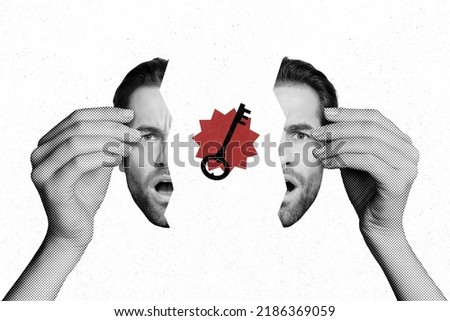 Banner collage of guy blow head isolated on drawing white color background