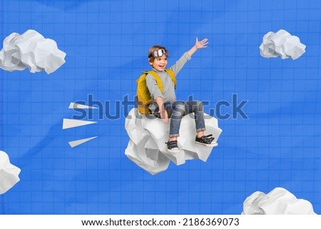 Poster collage of funny cute school child flying crumpled paper on dream imagine blue sky paint background Royalty-Free Stock Photo #2186369073