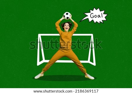 Creative 3d photo artwork graphics painting of funny funky lady catching ball playing football isolated drawing background