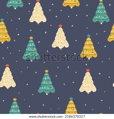 Seamless pattern of Christmas trees and falling snow. Vector illustration.